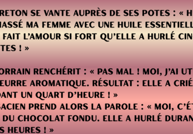 Un jeune Belge vient tout juste d’épouser une magnifique jeune femme. Le lendemain matin, ses amis le croisent par hasard et lui lancent « Alors, cette nuit de noces, ça a donné quoi » « Oh, je
