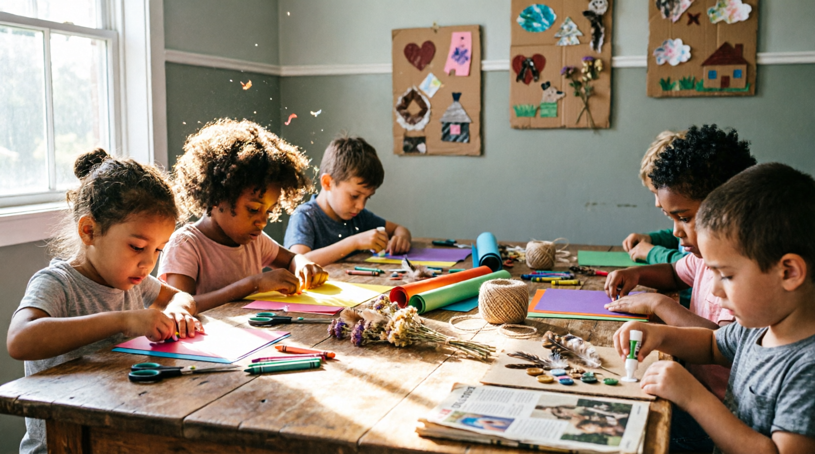 Groupe d'enfants diversifiés créant des collages et œuvres d'art mural autour d'une table en bois rustique avec du carton, ciseaux, colle et matériaux de récupération lors d'un atelier bricolage créatif et économique