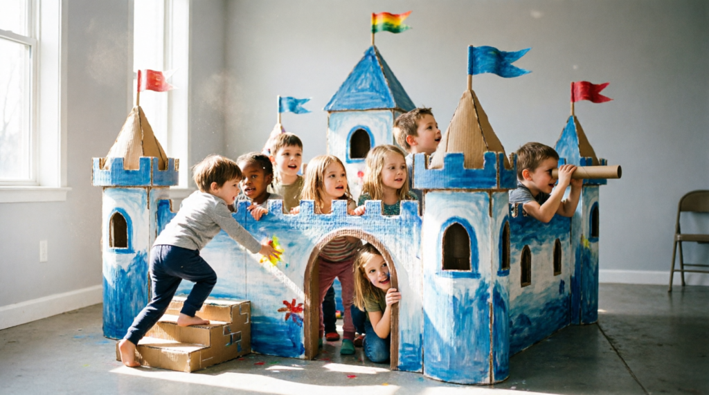 Enfants jouant et s'amusant dans un château fort magique fabriqué entièrement en carton de récupération peint en bleu avec des tours, drapeaux colorés et pont-levis, activité manuelle créative et imaginative pour vacances scolaires