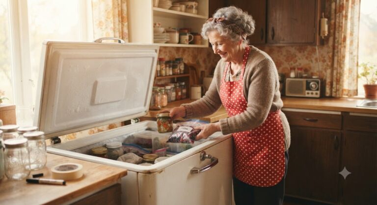 Une grand-mère souriante, portant un tablier à pois rouges et un cardigan marron, place un bocal en verre de légumes et un sachet congelé de fruits rouges dans un vieux congélateur coffre blanc ouvert. La scène se déroule dans une cuisine chaleureuse au style vintage des années 70, avec des bocaux vides, du ruban adhésif et un marqueur sur le plan de travail en bois. En arrière-plan, on voit des étagères en bois et un papier peint à motifs floraux.