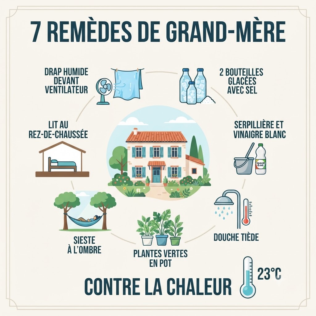 Infographie des 7 remèdes de grand-mère contre la chaleur : drap humide, bouteilles glacées, vinaigre blanc, douche tiède, plantes, sieste et lit au rez-de-chaussée