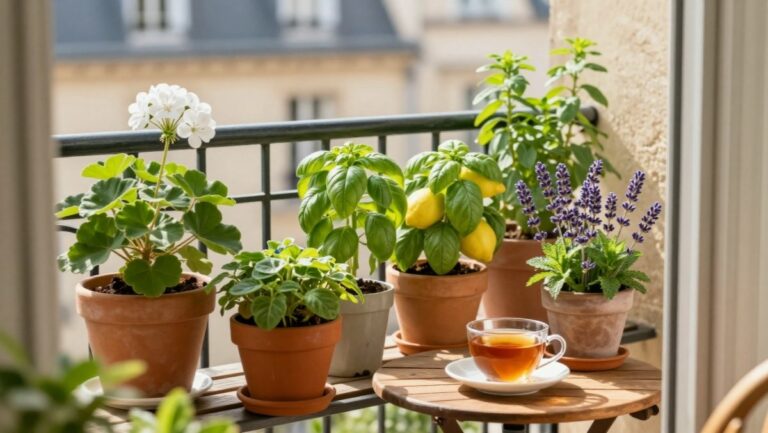 Pots de géranium odorant, basilic citron et lavande sur un balcon ensoleillé - meilleures plantes anti moustiques pour balcon et jardin