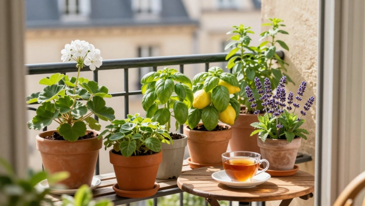 Pots de géranium odorant, basilic citron et lavande sur un balcon ensoleillé - meilleures plantes anti moustiques pour balcon et jardin