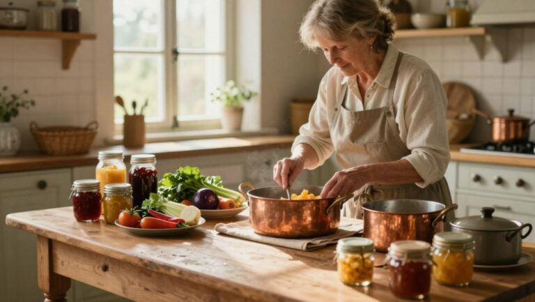 Cuisine traditionnelle avec bocaux en verre, légumes frais et marmites en fonte pour préparer les repas de la semaine en batch cooking à l'ancienne
