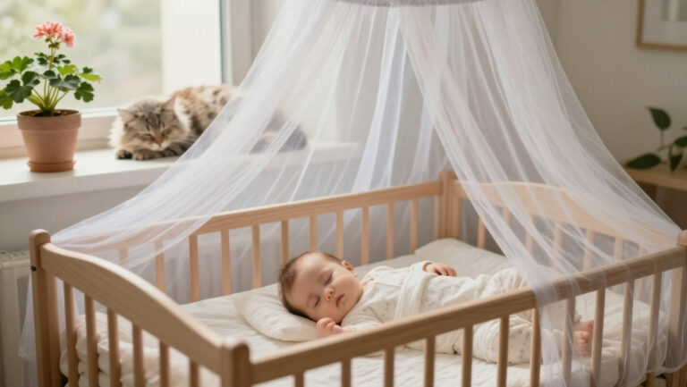 Bébé dormant en sécurité sous une moustiquaire anti-moustique tigre, avec un chat à proximité et des méthodes de protection naturelles sans produits chimiques