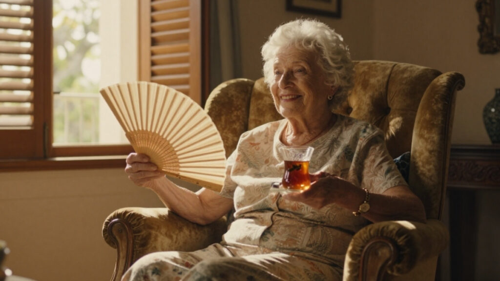 Mamie souriante avec un éventail en plein été, illustrant une blague sur la canicule humour et le refus de la chaleur.