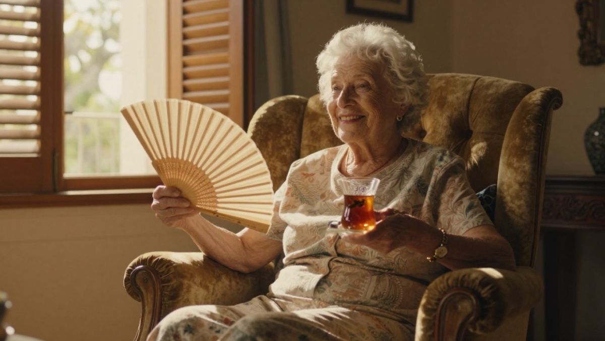 Mamie souriante avec un éventail en plein été, illustrant une blague sur la canicule humour et le refus de la chaleur.