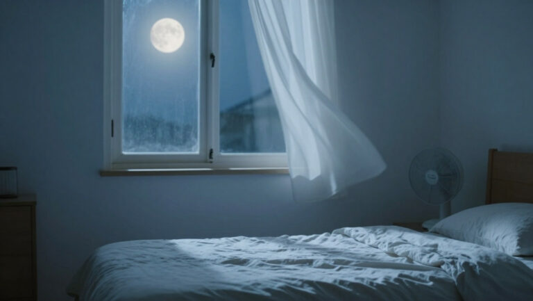 Astuce pour rafraîchir une chambre la nuit sans climatisation : fenêtre ouverte avec brise légère, draps en lin et ventilateur discret