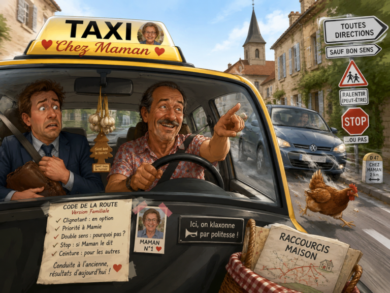 Illustration humoristique d’un chauffeur de taxi roulant de manière imprudente dans un village de province, tandis qu’un passager inquiet s’accroche à sa mallette. La scène montre une conduite inspirée des habitudes familiales plutôt que du code de la route.