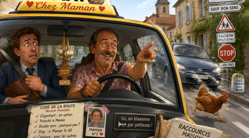 Illustration humoristique d’un chauffeur de taxi roulant de manière imprudente dans un village de province, tandis qu’un passager inquiet s’accroche à sa mallette. La scène montre une conduite inspirée des habitudes familiales plutôt que du code de la route.