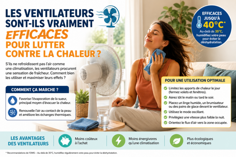 Femme se rafraîchissant devant un ventilateur dans un salon pendant une canicule, avec conseils pour améliorer l’efficacité du ventilateur contre la chaleur.