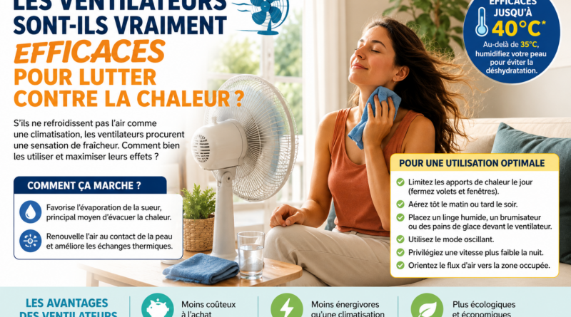 Femme se rafraîchissant devant un ventilateur dans un salon pendant une canicule, avec conseils pour améliorer l’efficacité du ventilateur contre la chaleur.
