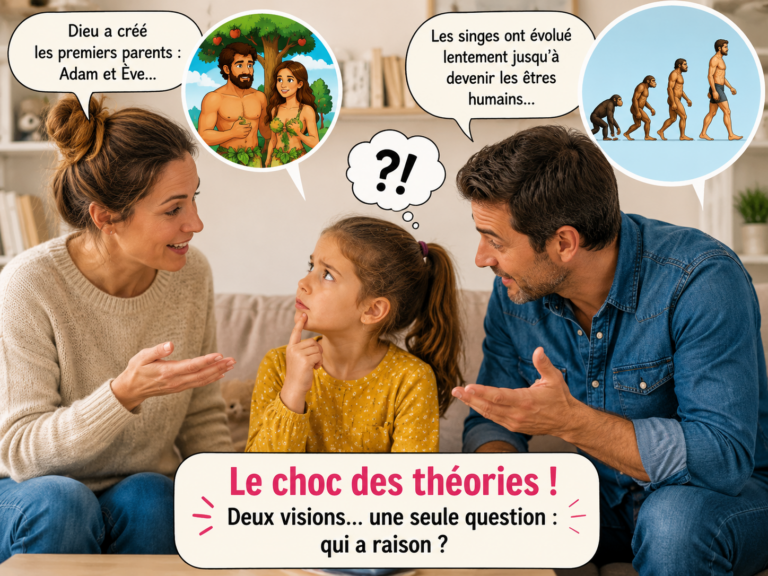 Petite fille discutant avec ses parents à propos de l’origine des premiers humains, entre la théorie d’Adam et Ève et celle de l’évolution, dans une scène humoristique familiale.