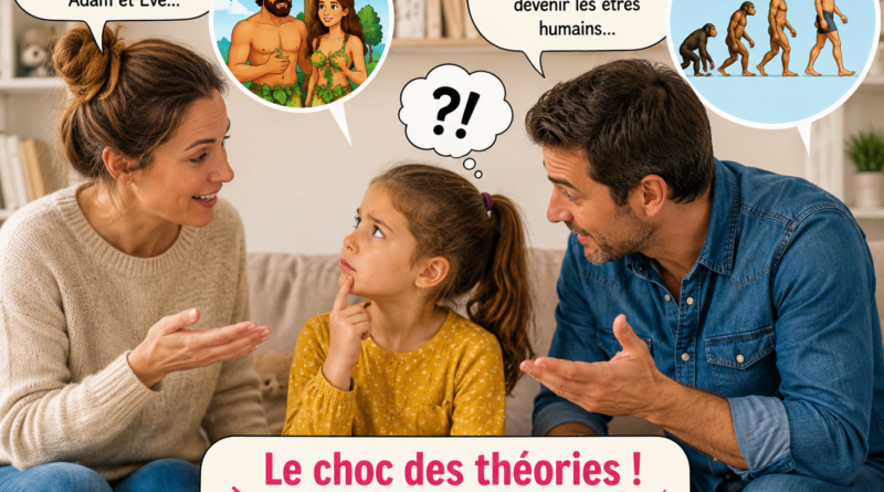 Petite fille discutant avec ses parents à propos de l’origine des premiers humains, entre la théorie d’Adam et Ève et celle de l’évolution, dans une scène humoristique familiale.
