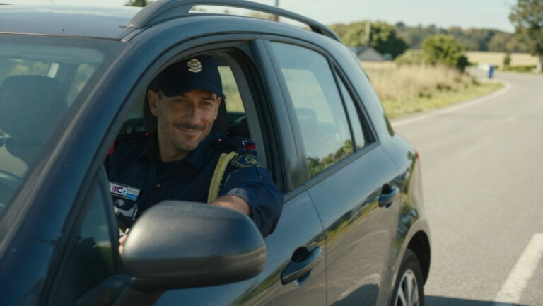 Gendarme à moto discutant avec un automobiliste calme lors d'un contrôle routier - illustration blague gendarme et humour français
