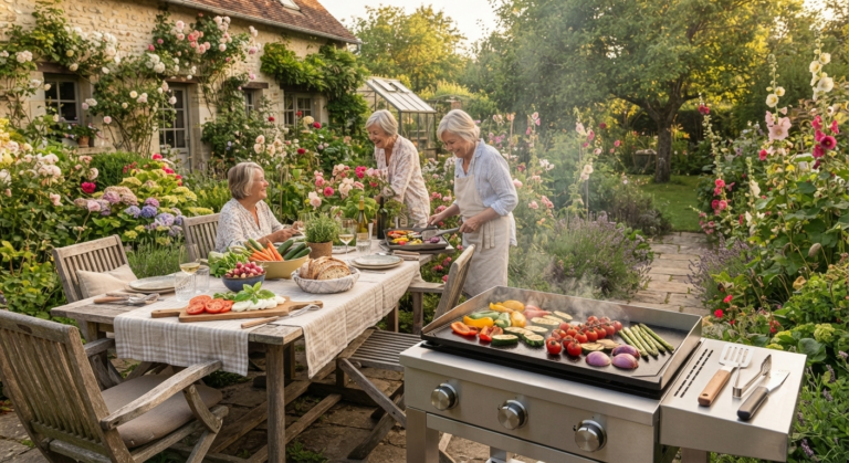 Scène de jardin de grand-mère en fin d'après-midi avec des amies cuisinant des légumes frais sur une plancha moderne et partageant un repas convivial autour d'une table dressée.