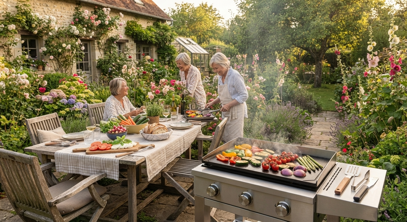 Scène de jardin de grand-mère en fin d'après-midi avec des amies cuisinant des légumes frais sur une plancha moderne et partageant un repas convivial autour d'une table dressée.