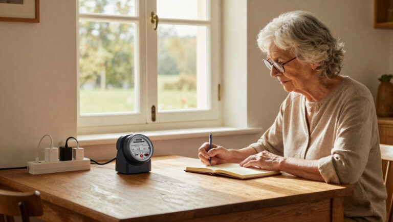 Une grand-mère relevant son compteur électrique et utilisant une multiprise pour économiser l'énergie (astuces anti-inflation)