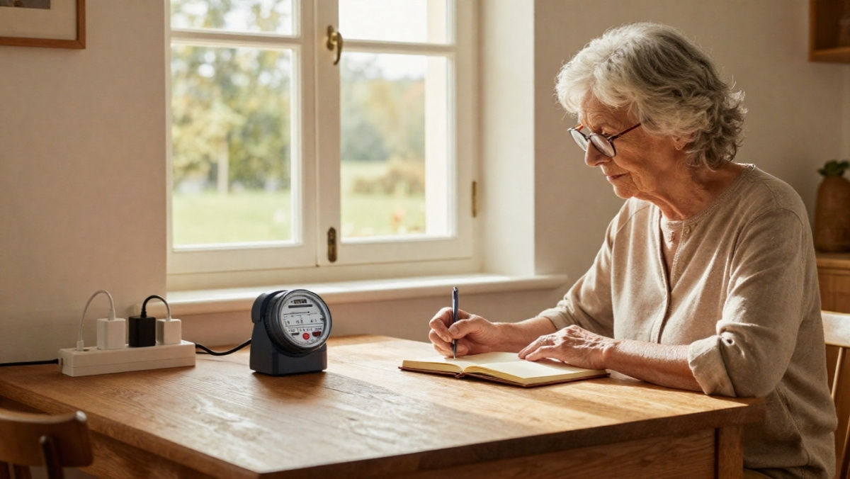 Une grand-mère relevant son compteur électrique et utilisant une multiprise pour économiser l'énergie (astuces anti-inflation)