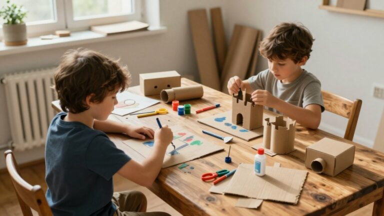 Enfants souriants créant des sculptures et jeux à partir de cartons et objets de récupération, illustrant le bricolage récupération économique et créatif.