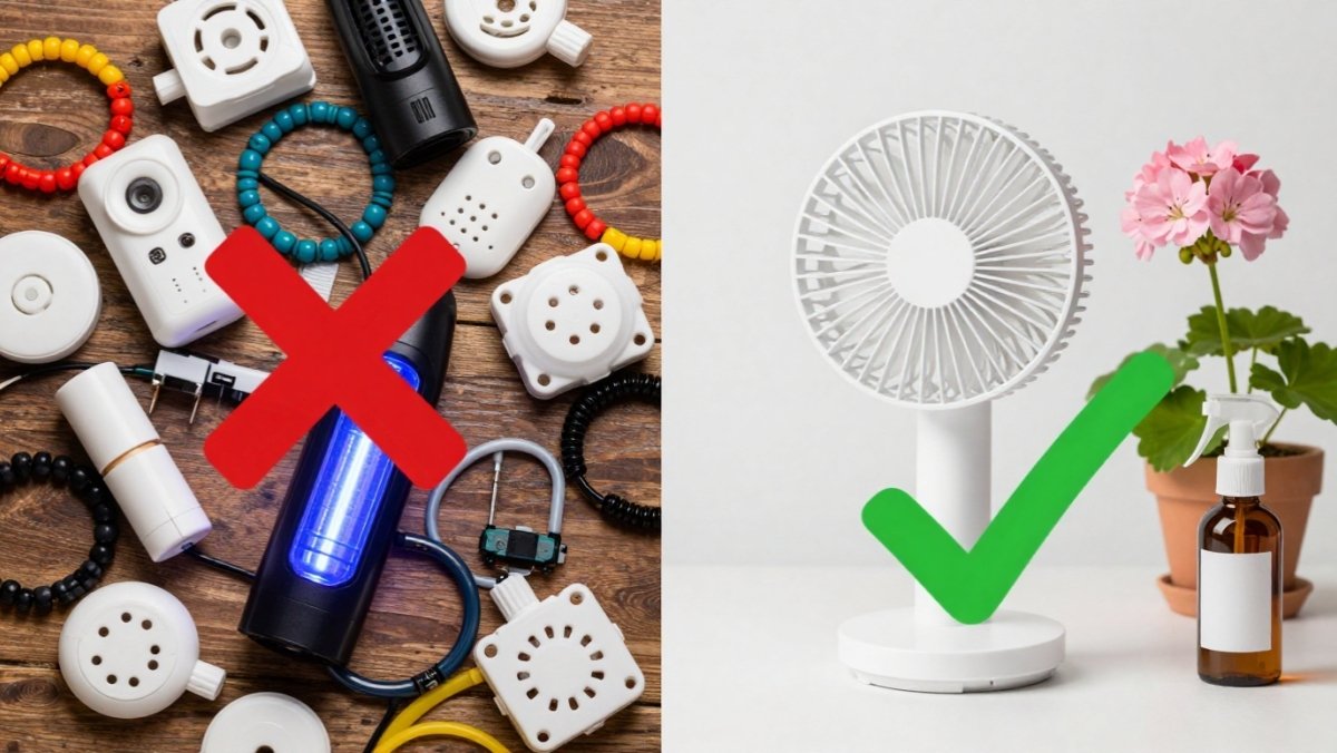 Comparaison entre les appareils anti-moustiques inefficaces (ultrasons, bracelets) et les méthodes naturelles qui fonctionnent vraiment pour l'été.