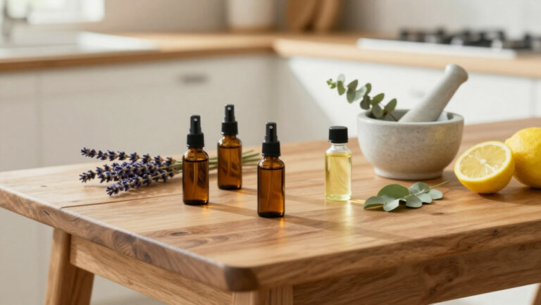 Ingrédients naturels pour fabriquer un répulsif moustique maison : flacons ambrés, lavande, eucalyptus citronné et huiles végétales sur une table en bois.