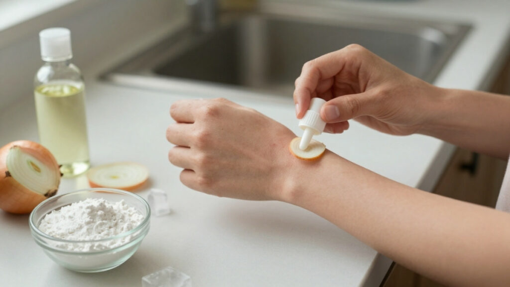 Femme soulageant une piqûre de moustique avec des remèdes naturels (oignon, glace, bicarbonate) - astuces grand-mère efficaces
