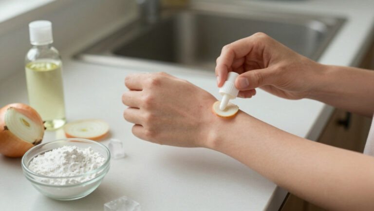 Femme soulageant une piqûre de moustique avec des remèdes naturels (oignon, glace, bicarbonate) - astuces grand-mère efficaces