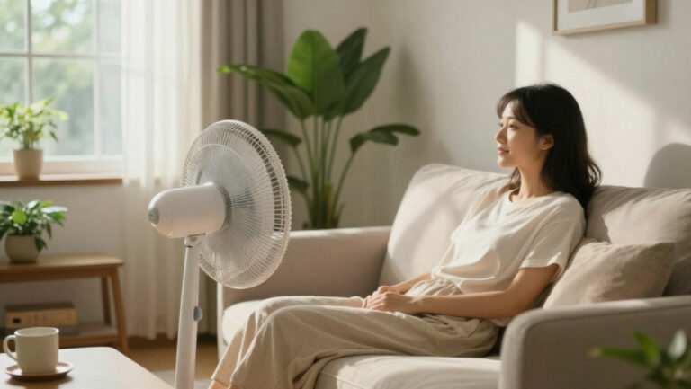 Femme utilisant un ventilateur pour se rafraîchir dans un salon avec des plantes, ambiance calme et lumineuse