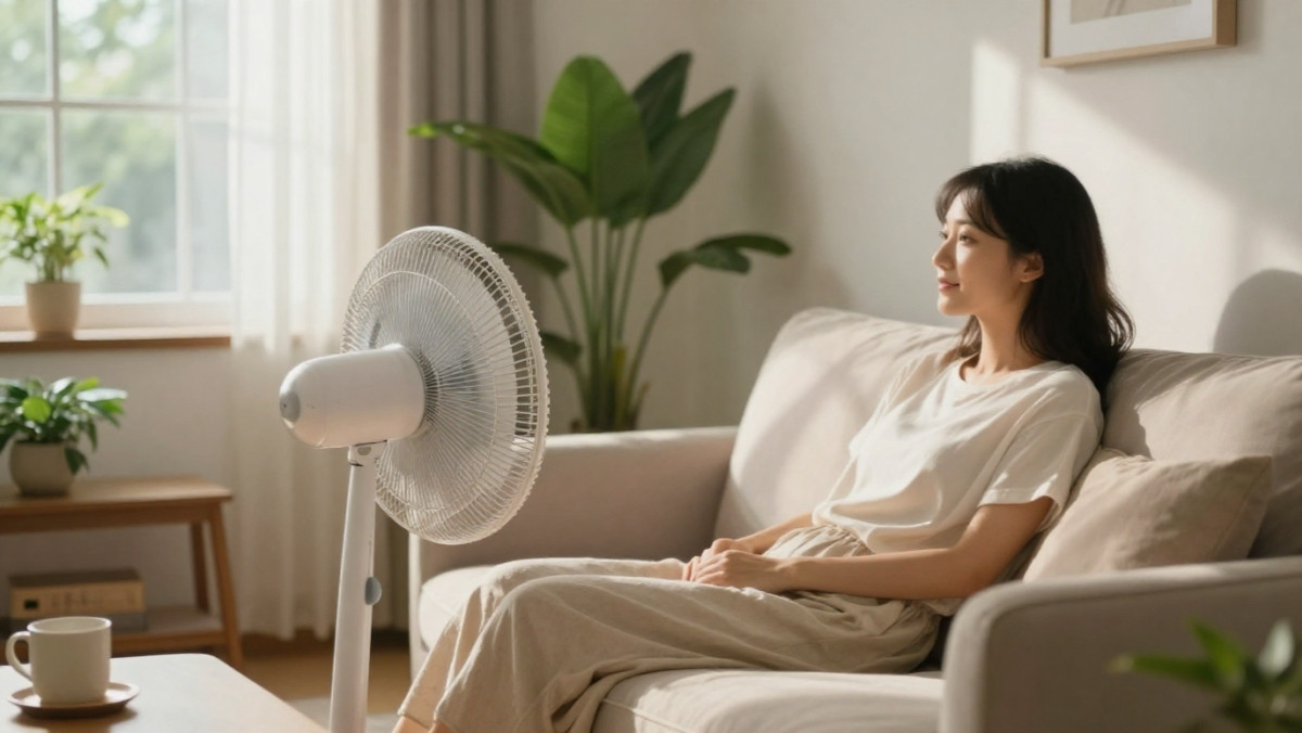 Femme utilisant un ventilateur pour se rafraîchir dans un salon avec des plantes, ambiance calme et lumineuse