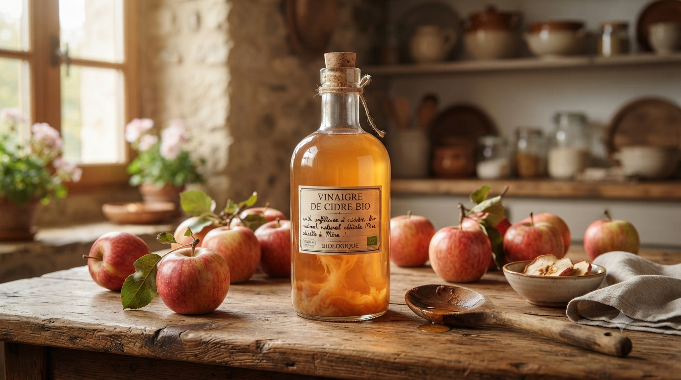 Bouteille de vinaigre de cidre bio avec la mère, pommes fraîches et cuillère en bois sur une table rustique en bois, ambiance chaleureuse et naturelle