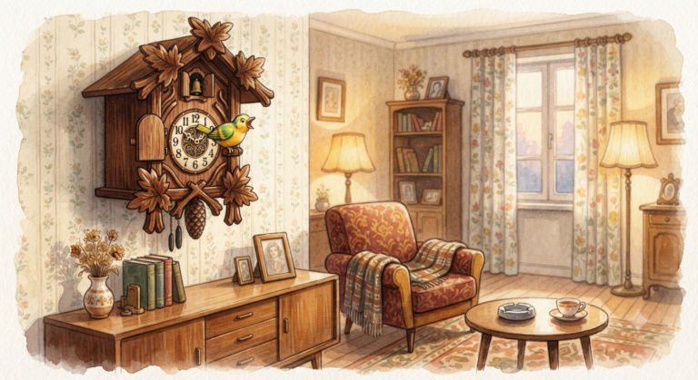 Illustration vintage d'un coucou suisse en bois avec une ambiance humoristique, style années 50-60