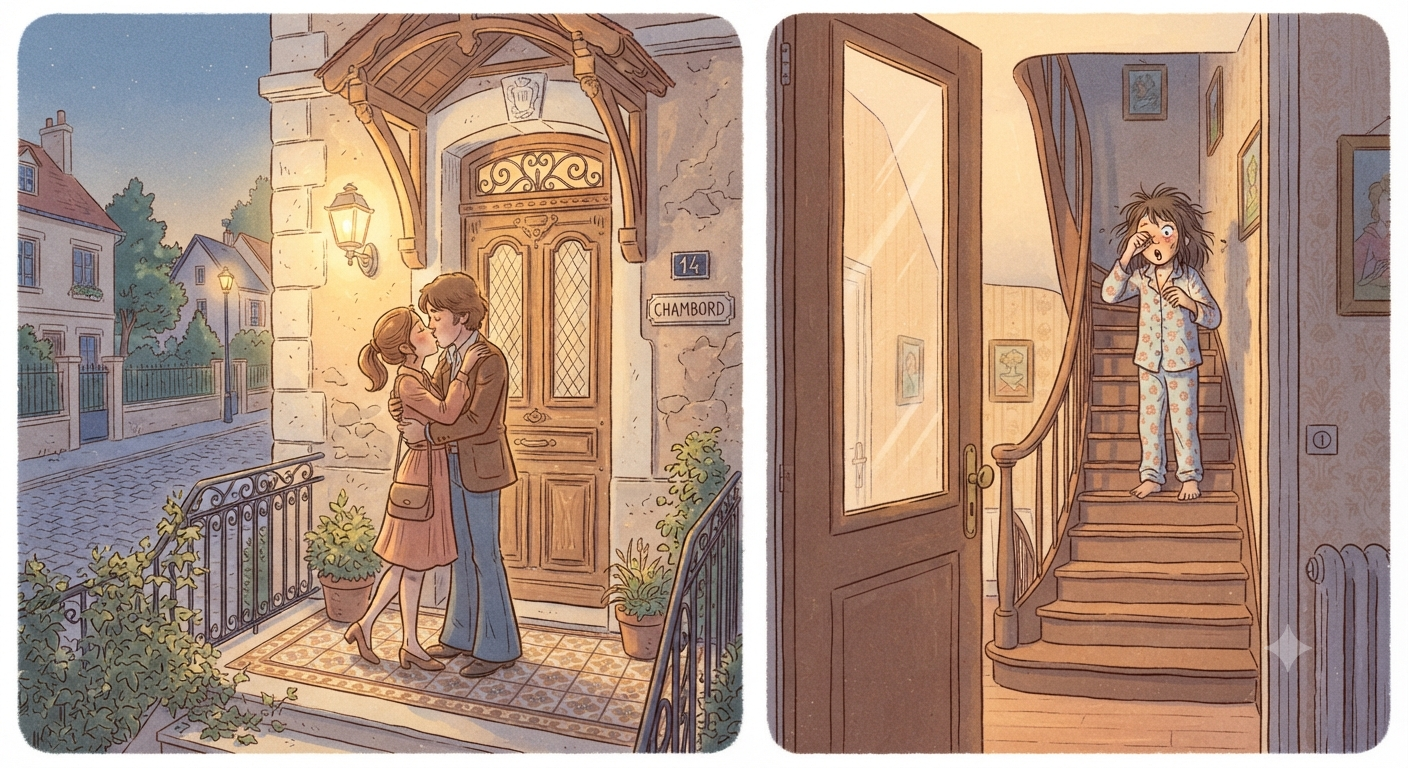 Illustration humoristique d'un couple devant une porte avec une soeur surprise en pyjama