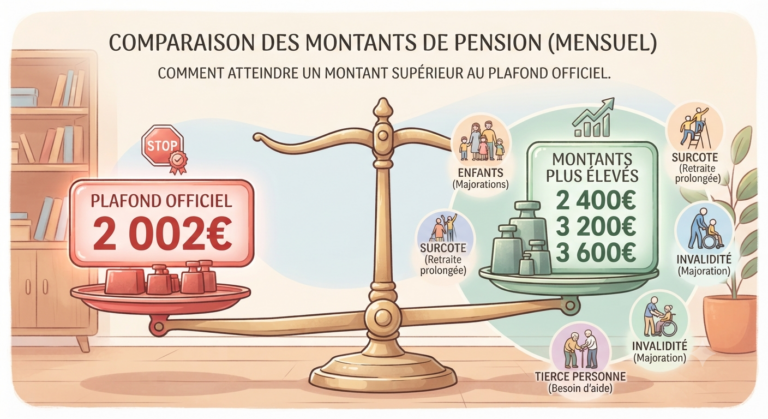 Infographie comparative montrant le plafond officiel de retraite 2026 (2 002€) versus les montants réellement accessibles grâce aux dispositifs méconnus (jusqu'à 3 600€ et plus)