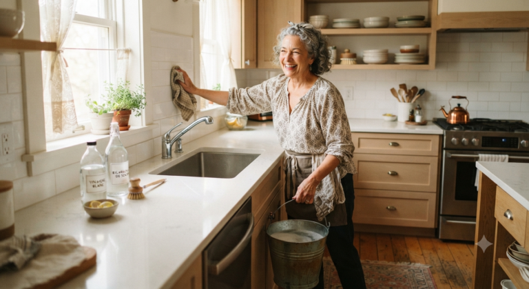 Une femme âgée heureuse, aux cheveux gris, portant un tablier et une blouse à motifs, essuie joyeusement le carrelage mural blanc près de l'évier de sa cuisine. Elle tient un seau métallique de l'autre main. Sur le plan de travail en quartz, on voit des bouteilles de produits ménagers naturels (vinaigre blanc, bicarbonate de soude) et un bol de citrons avec une brosse en bois. La cuisine est chaleureuse, lumineuse et propre, avec des étagères en bois et une fenêtre ensoleillée.