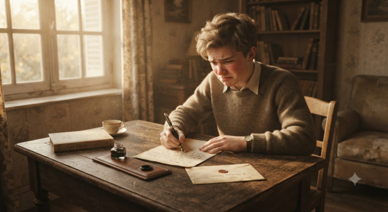 Illustration humoristique d'un étudiant écrivant une lettre à ses parents pour demander de l'argent