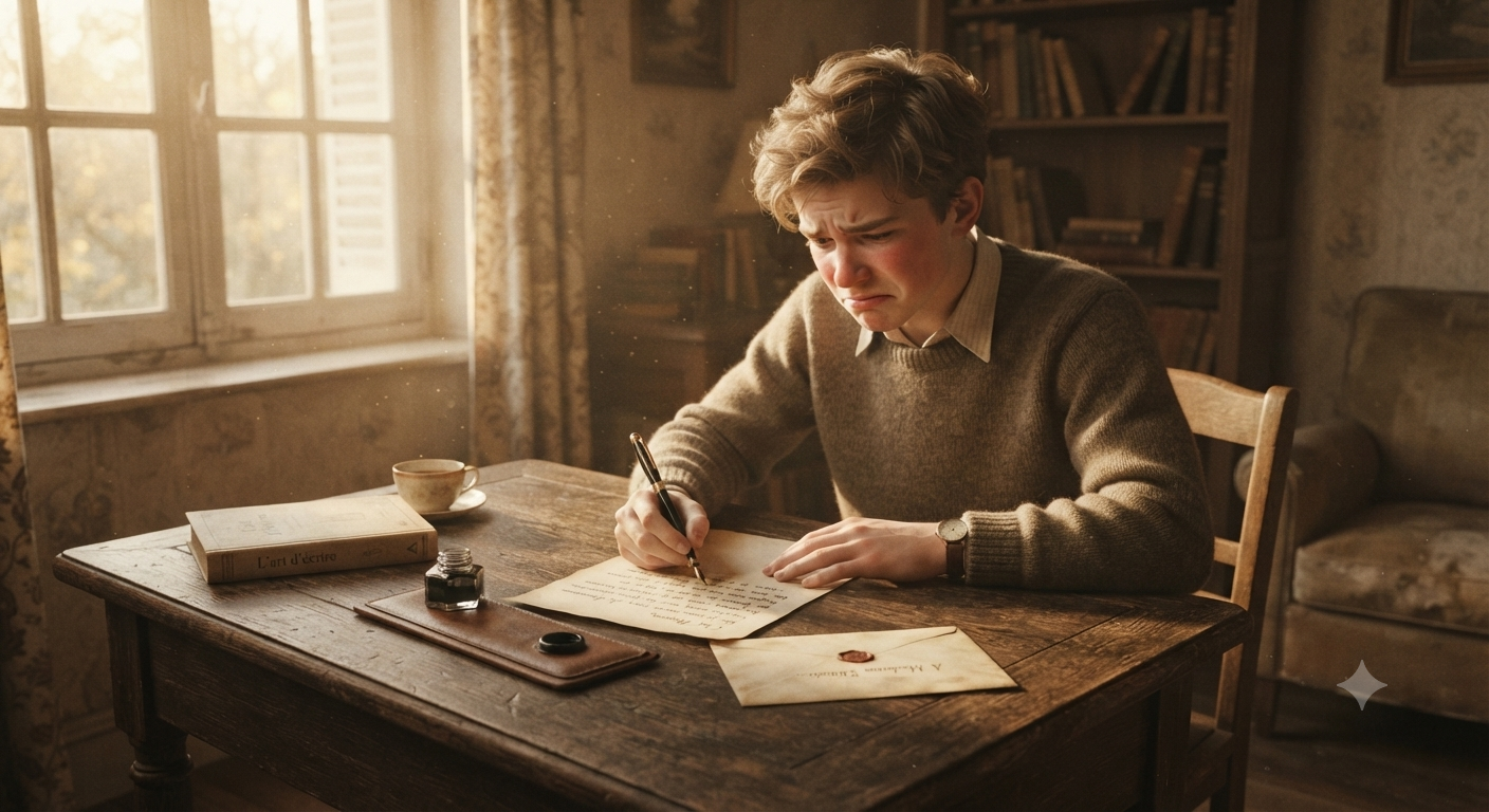 Illustration humoristique d'un étudiant écrivant une lettre à ses parents pour demander de l'argent