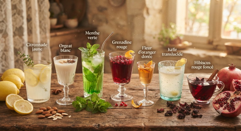 Verres colorés de boissons traditionnelles rafraîchissantes (citronnade, orgeat, menthe, hibiscus) disposés sur une table en bois rustique avec des ingrédients frais