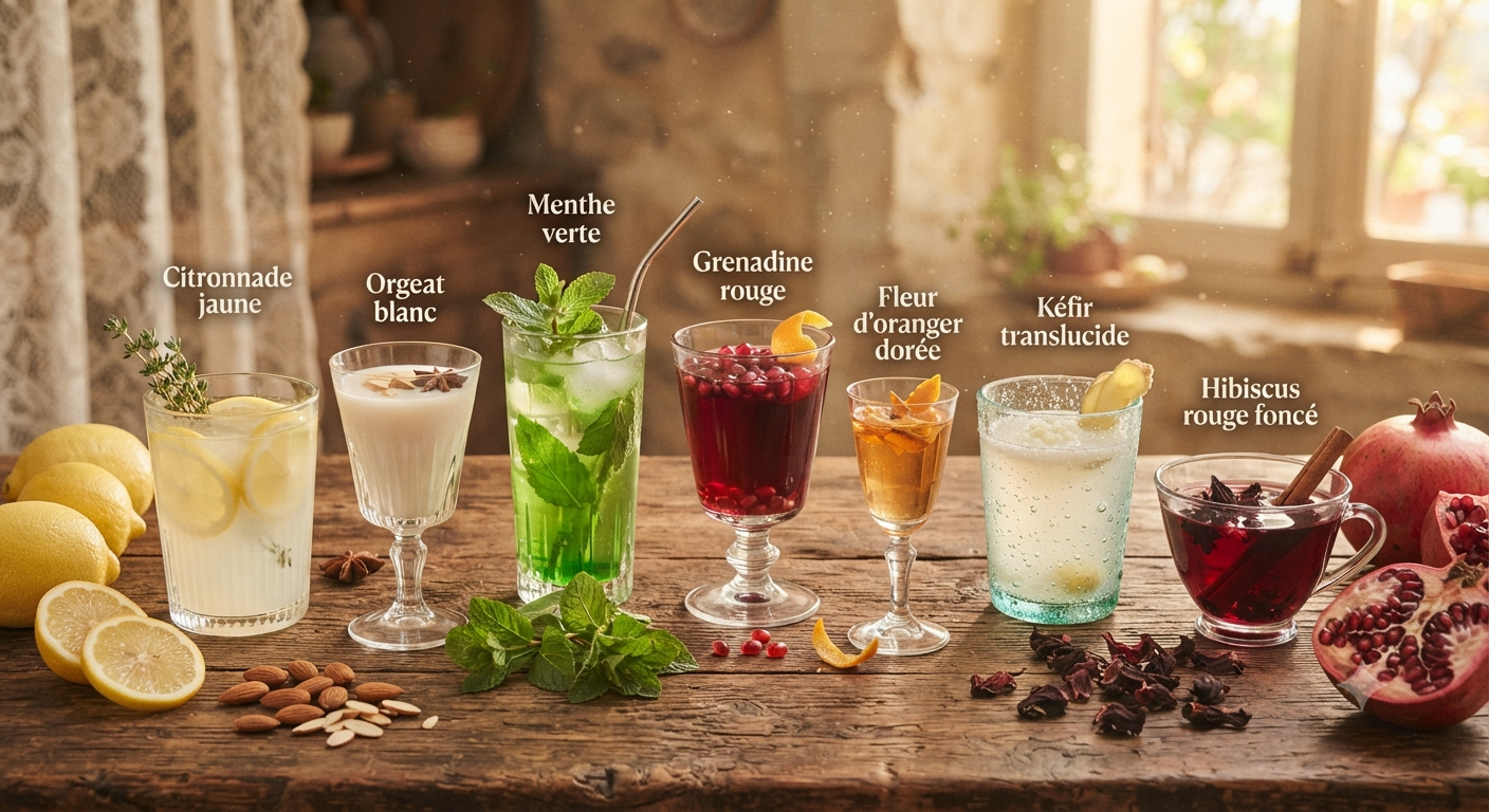 Verres colorés de boissons traditionnelles rafraîchissantes (citronnade, orgeat, menthe, hibiscus) disposés sur une table en bois rustique avec des ingrédients frais