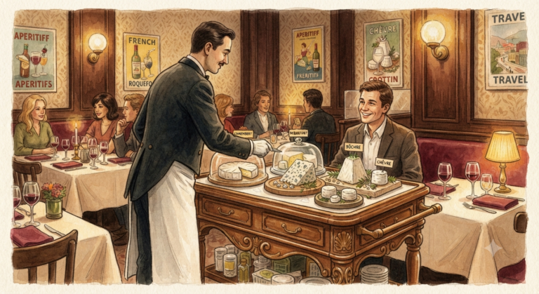 Illustration humoristique d'un chariot de fromages dans un restaurant français avec une ambiance chaleureuse et conviviale