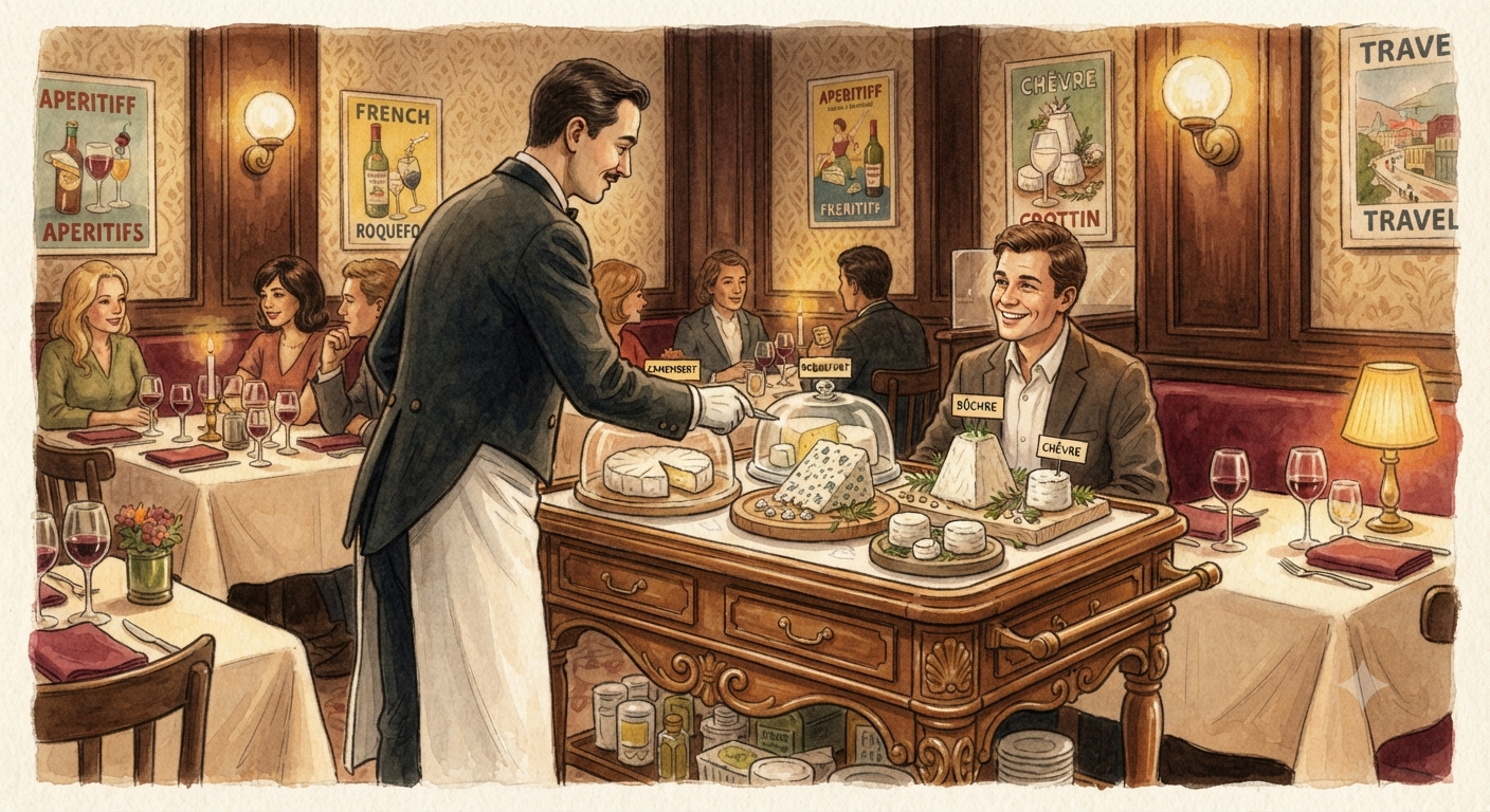 Illustration humoristique d'un chariot de fromages dans un restaurant français avec une ambiance chaleureuse et conviviale