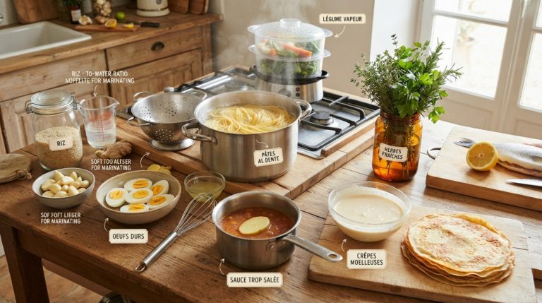 Vue d'ensemble d'une cuisine rustique en bois avec des ingrédients frais et préparés, illustrant les 10 astuces de grand-mère pour une cuisine parfaite : pâtes al dente, œufs durs, herbes fraîches, légumes vapeur et citron.