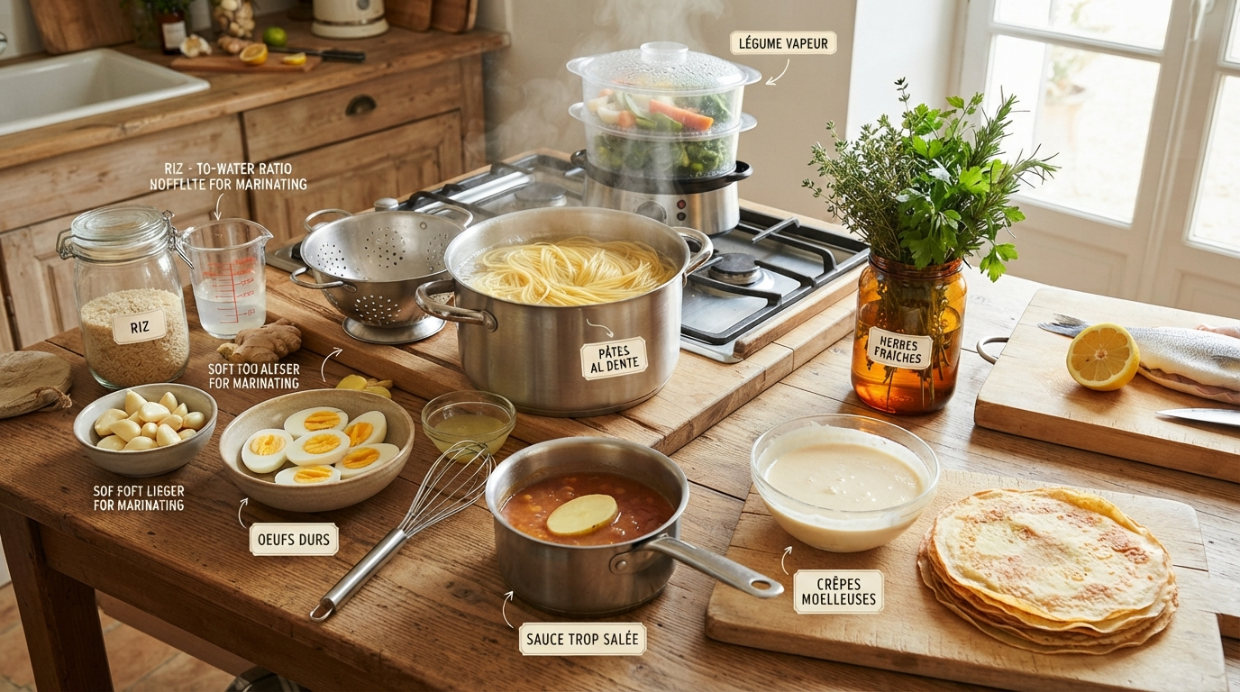 Vue d'ensemble d'une cuisine rustique en bois avec des ingrédients frais et préparés, illustrant les 10 astuces de grand-mère pour une cuisine parfaite : pâtes al dente, œufs durs, herbes fraîches, légumes vapeur et citron.