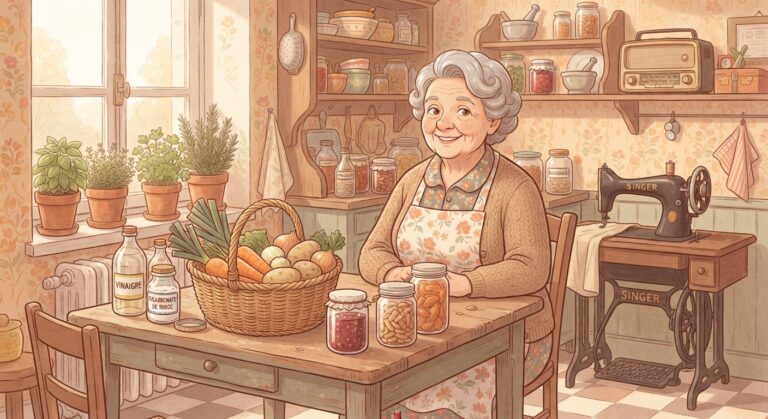 Illustration vintage d'une grand-mère souriante avec des objets du quotidien économiques (panier de courses, produits ménagers maison, potager)