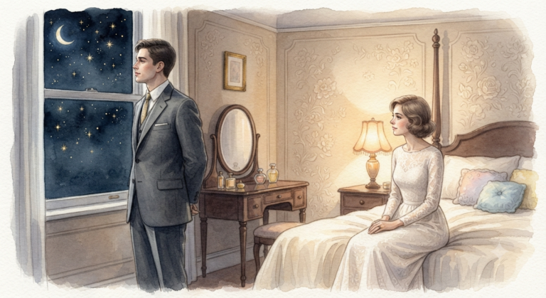 Illustration vintage d'un jeune marié rêveur devant une fenêtre étoilée lors de sa nuit de noces, ambiance romantique et humoristique