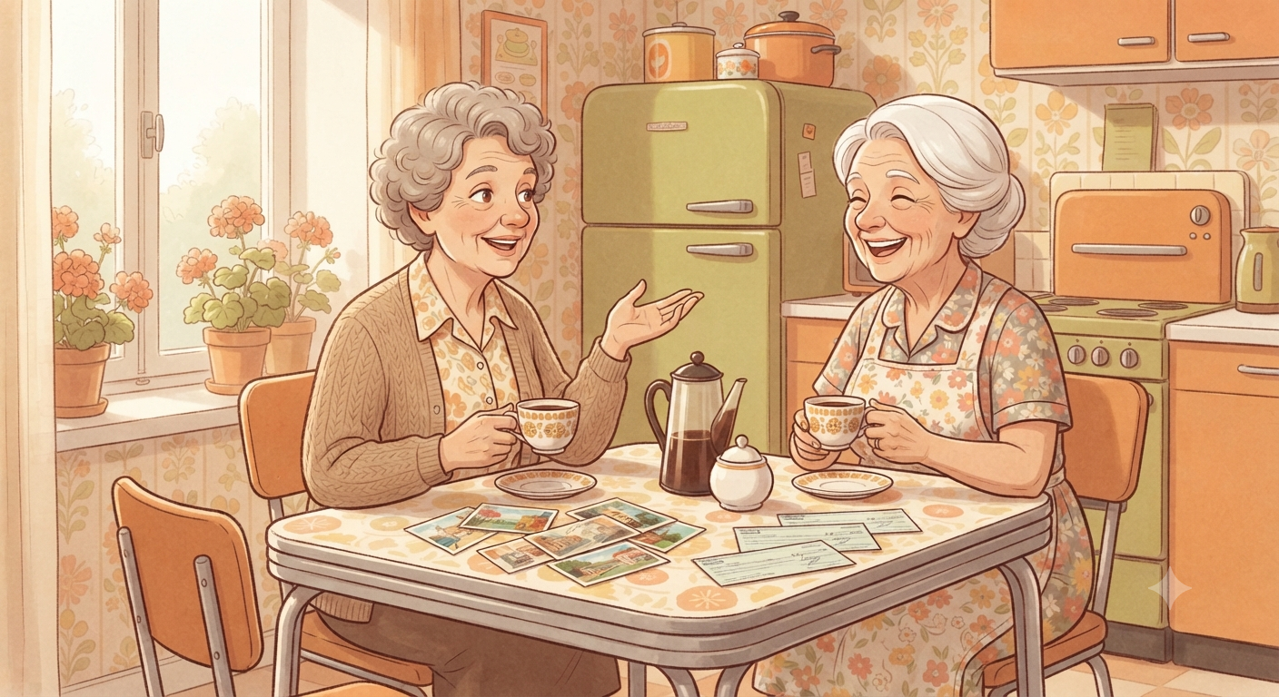 Illustration humoristique de deux grand-mères discutant autour d'un café avec des cartes et chèques sur la table