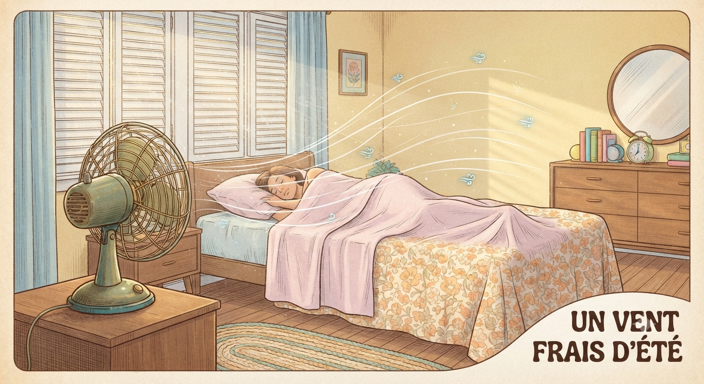 Femme dormant avec ventilateur dirigé vers le lit, illustration des effets nocifs sur la santé et le sommeil