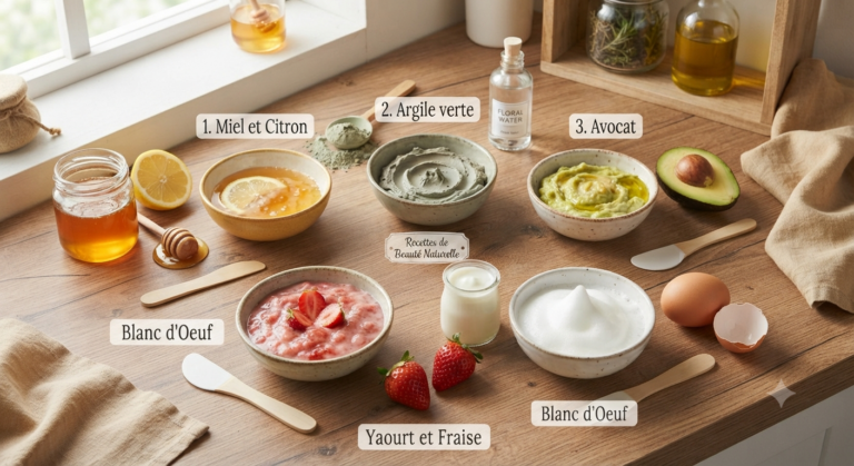 Assortiment d'ingrédients naturels pour masques visage maison sur une table en bois : bols contenant du miel et citron, argile verte, purée d'avocat, purée de fraise et yaourt, blanc d'œuf en neige, avec spatules en bois et serviettes en lin.