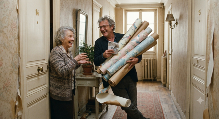 Deux voisins discutent dans un immeuble à propos de travaux de papier peint dans une scène humoristique.