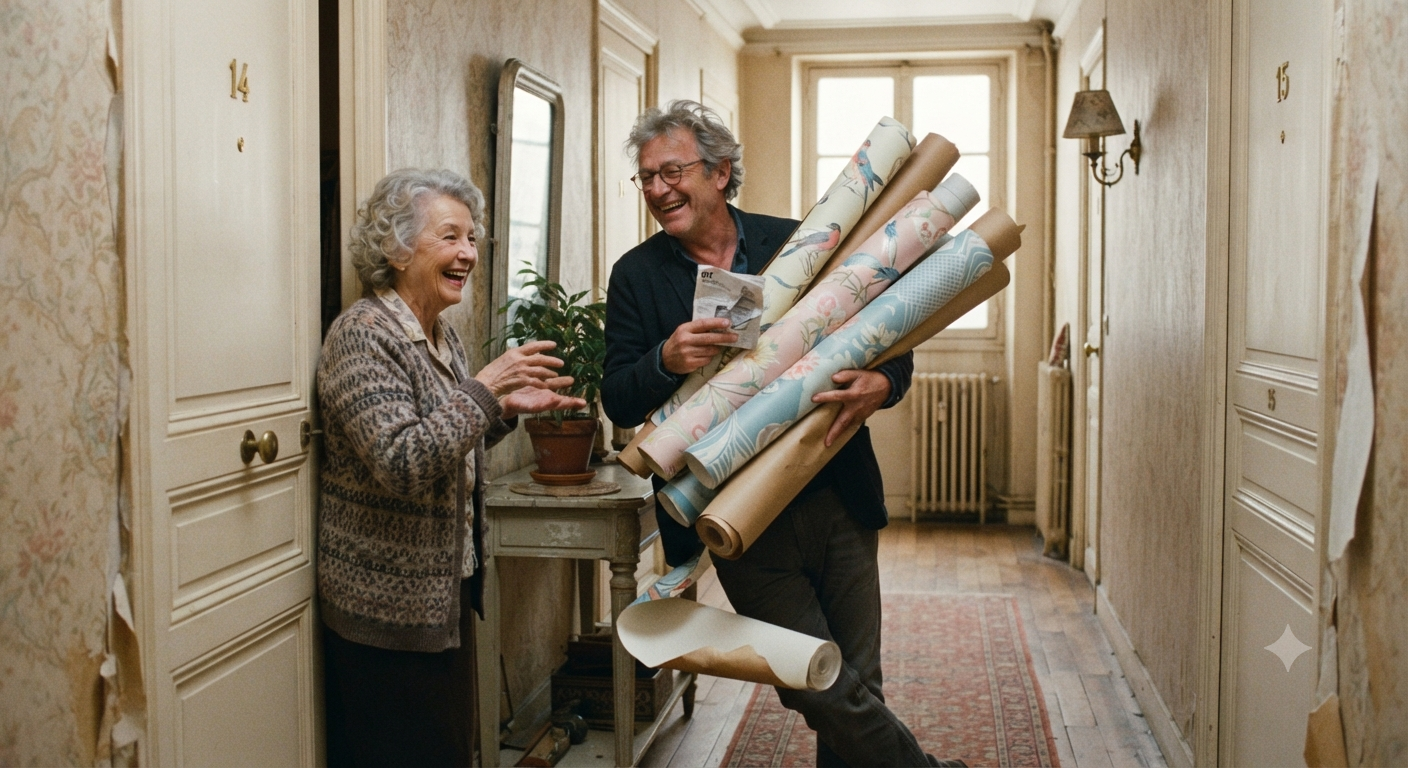 Deux voisins discutent dans un immeuble à propos de travaux de papier peint dans une scène humoristique.